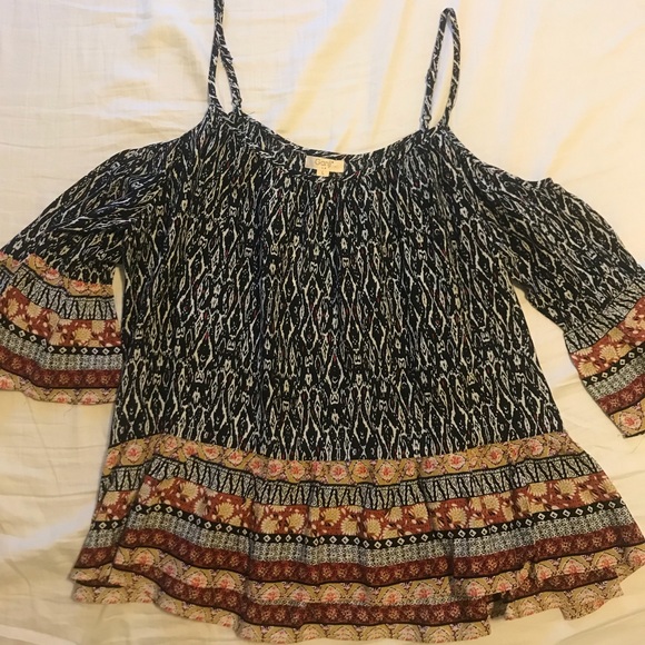 Ganji Tops - Off the shoulder blue/orange print top